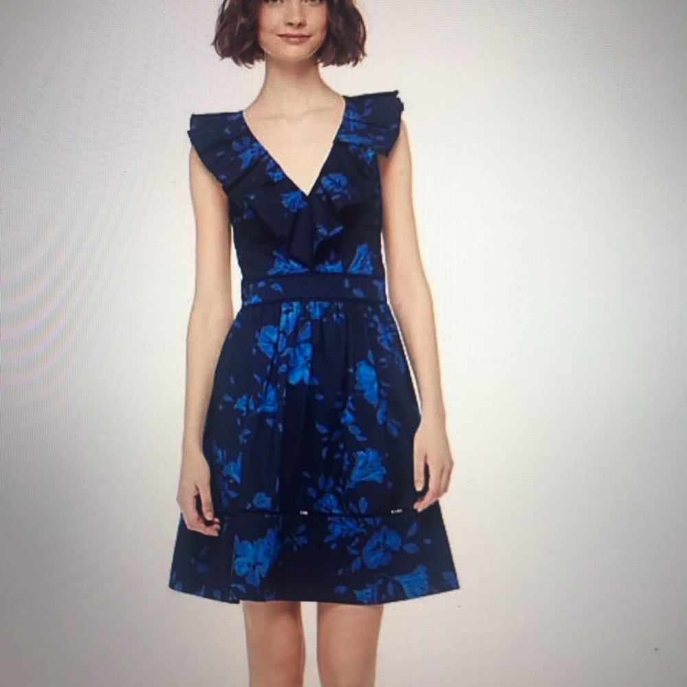 kate spade Navy and Bright Blue Floral Ruffle V-Neck Dress